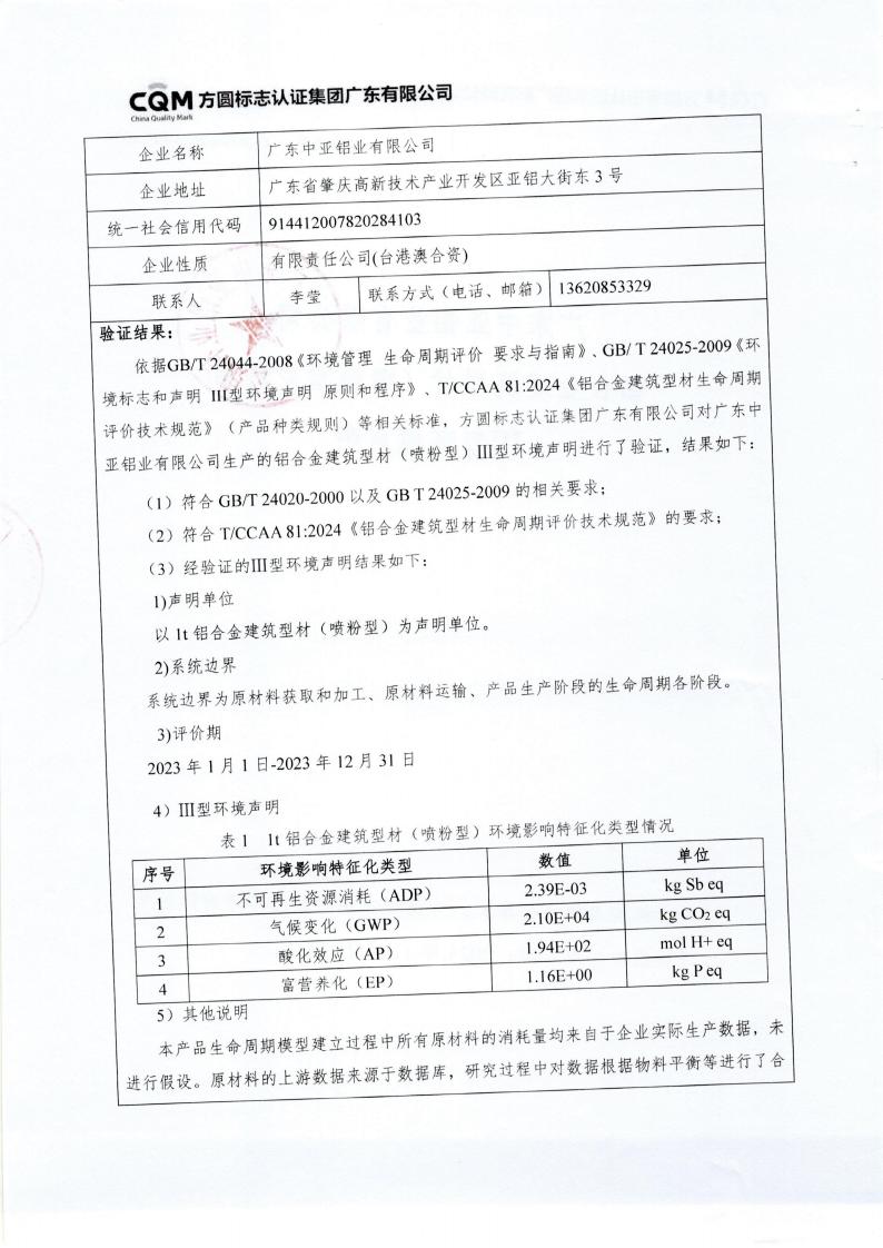 10鋁合金建筑型材（噴粉型）產(chǎn)品III型環(huán)境聲明(圖2)